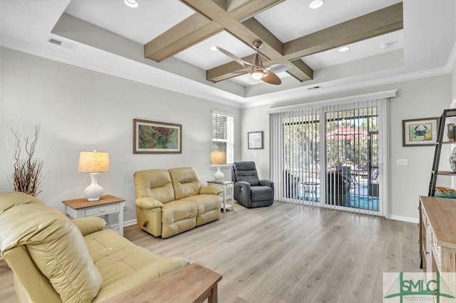 living room featuring coffered ceiling, beamed ceiling, light hardwood / wood-style flooring, ornamental molding, and ceiling fan