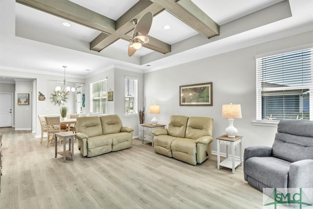 living room featuring crown molding, beamed ceiling, ceiling fan with notable chandelier, and light wood-type flooring