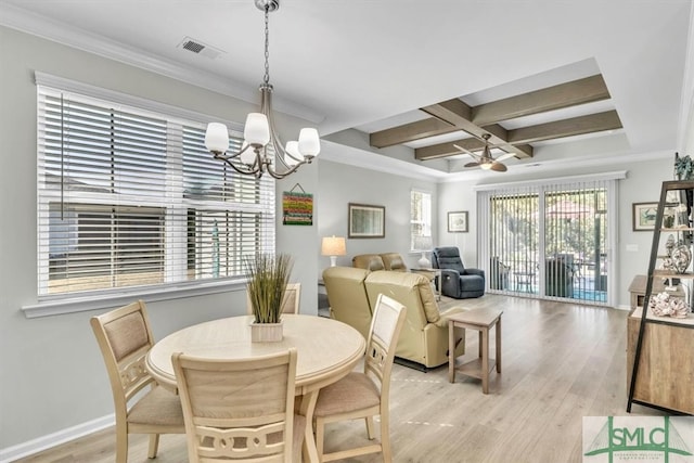 dining area featuring coffered ceiling, beam ceiling, crown molding, light wood-type flooring, and ceiling fan with notable chandelier