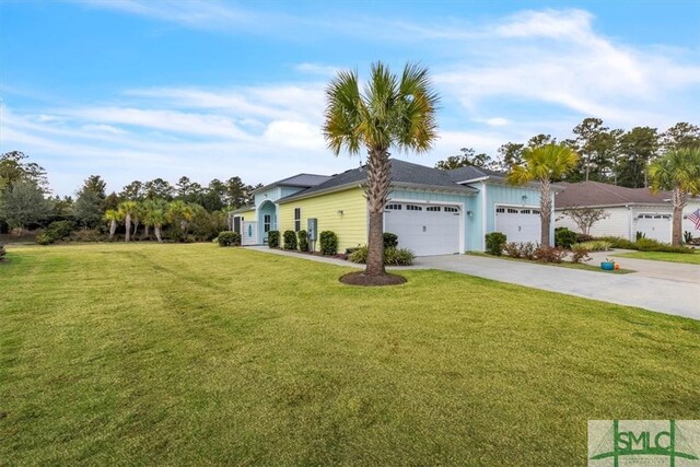 ranch-style home with a front yard and a garage