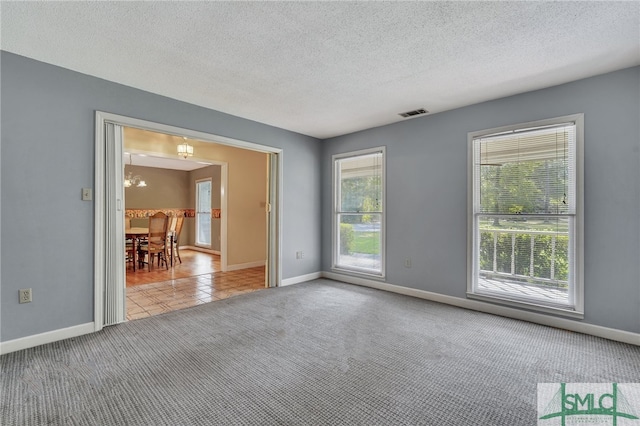 spare room featuring light carpet, a textured ceiling, and plenty of natural light