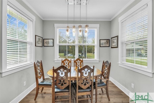 5261 Mill Branch Club Rd, Pembroke, GA 31321 - dining space featuring wood finished floors, baseboards, crown molding, and a chandelier