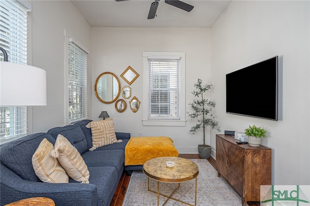 living room with ceiling fan and light wood-type flooring