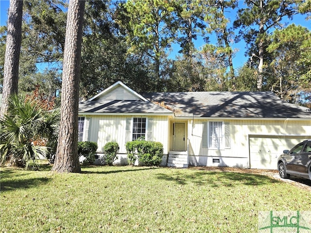 single story home with a front lawn and a garage