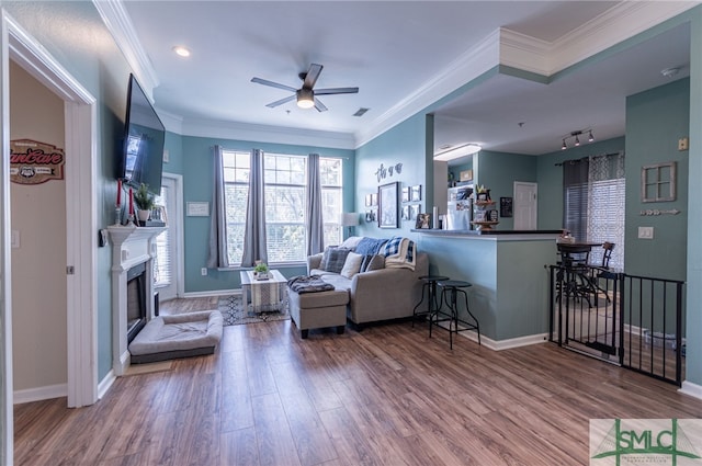 living area featuring a fireplace, crown molding, baseboards, and wood finished floors