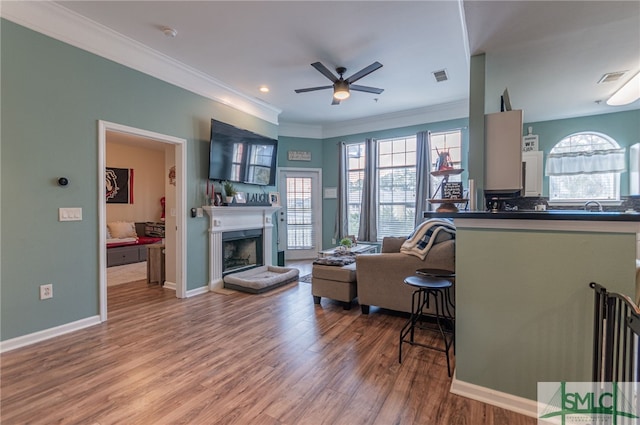 living room with plenty of natural light, a fireplace, visible vents, and wood finished floors