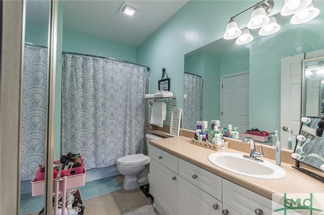 full bath featuring toilet, a shower with shower curtain, vanity, and tile patterned floors