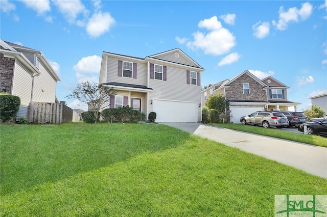 front facade with a front lawn and a garage