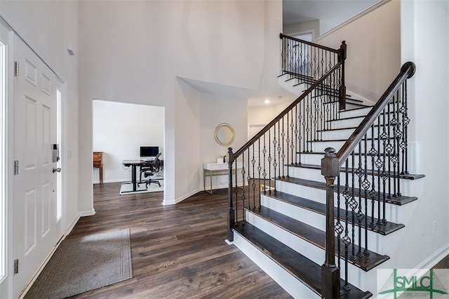 foyer entrance with a high ceiling and dark wood-type flooring