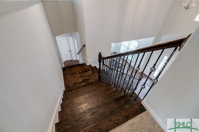 stairway with a towering ceiling and hardwood / wood-style floors