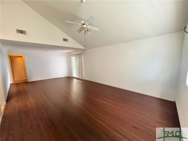 unfurnished room featuring wood finished floors, a ceiling fan, and high vaulted ceiling