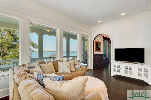 living room featuring dark hardwood / wood-style floors and crown molding