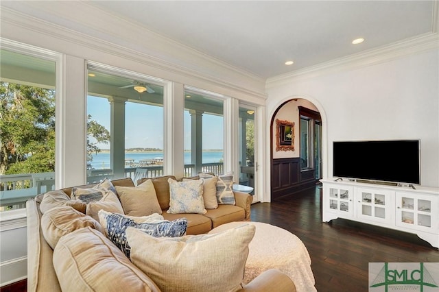 1558 Wilmington Island Rd, Savannah, GA 31410 - living room with crown molding, dark wood-style floors, and wainscoting