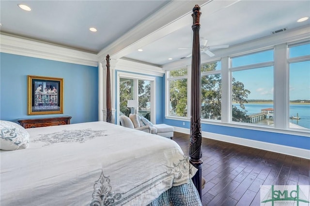 1558 Wilmington Island Rd, Savannah, GA 31410 - bedroom featuring a water view, hardwood / wood-style floors, crown molding, recessed lighting, and ceiling fan