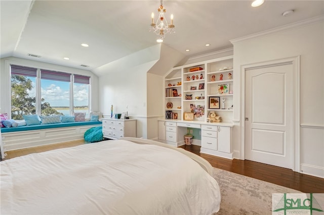 bedroom with hardwood / wood-style floors, crown molding, lofted ceiling, and a notable chandelier