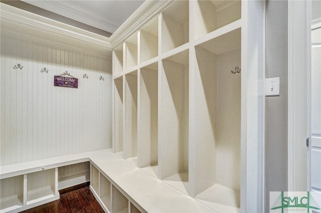 mudroom featuring wood-type flooring and ornamental molding