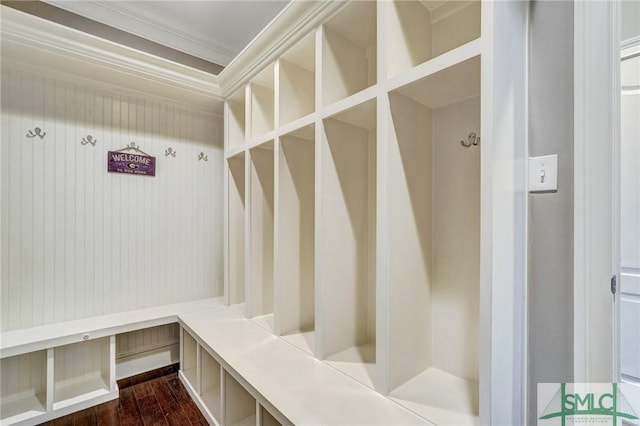 1558 Wilmington Island Rd, Savannah, GA 31410 - mudroom with ornamental molding and dark wood finished floors