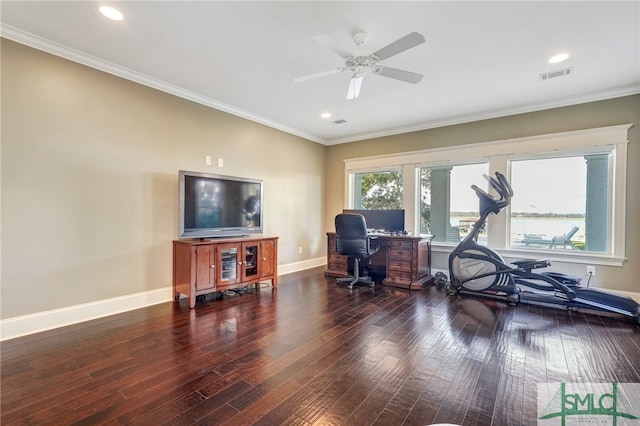 office with dark wood-type flooring, ceiling fan, and ornamental molding