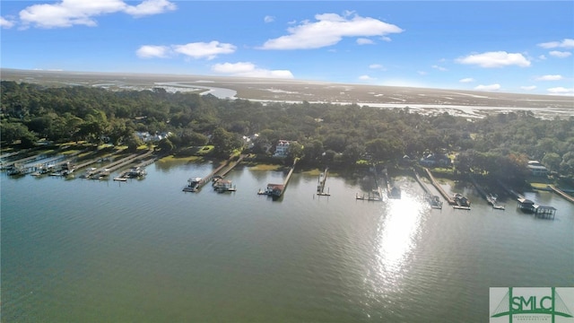 aerial view featuring a water view