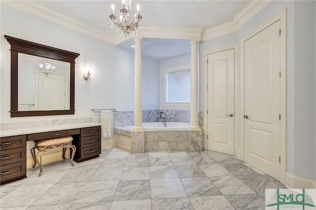 bathroom featuring a relaxing tiled tub, a chandelier, crown molding, and decorative columns