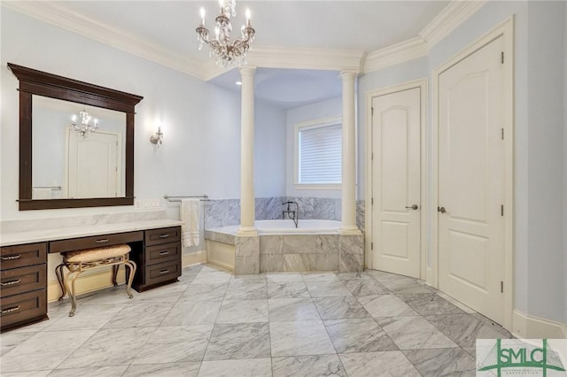 1558 Wilmington Island Rd, Savannah, GA 31410 - full bath with decorative columns, ornamental molding, vanity, a garden tub, and a chandelier