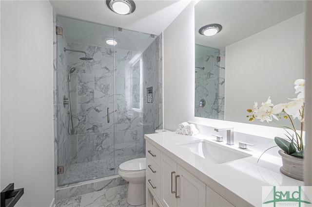 bathroom with vanity, toilet, and a shower with shower door