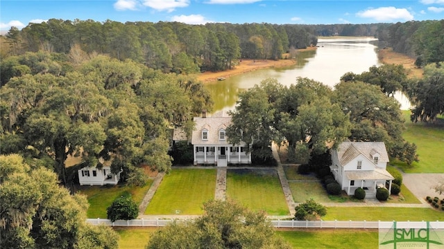 aerial view featuring a water view