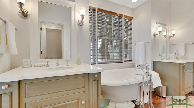 bathroom with a wealth of natural light, vanity, and hardwood / wood-style flooring