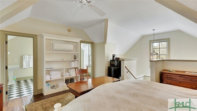 bedroom featuring ceiling fan with notable chandelier, a wall unit AC, dark wood-type flooring, and vaulted ceiling