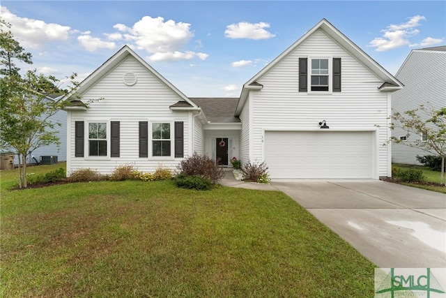 view of front property with a garage, a front yard, and central AC