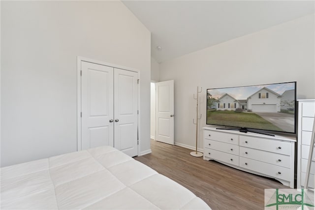 bedroom with high vaulted ceiling, a closet, and wood-type flooring