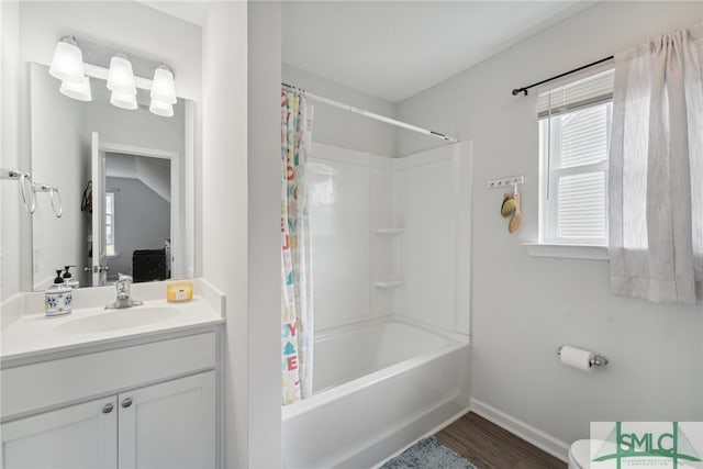 full bathroom featuring toilet, vaulted ceiling, hardwood / wood-style floors, vanity, and shower / tub combo with curtain