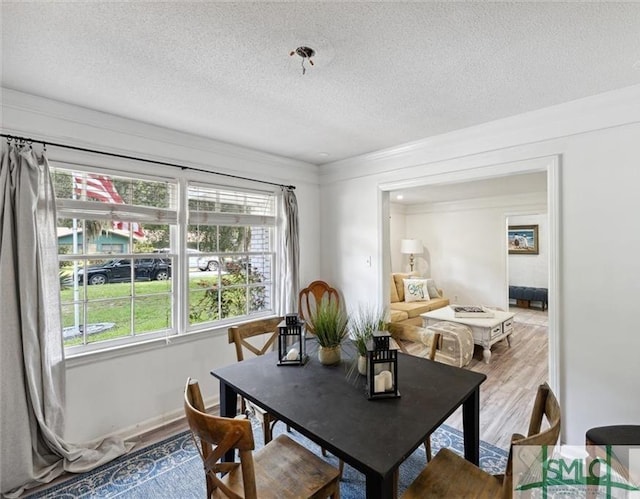 dining area with crown molding, hardwood / wood-style floors, and a textured ceiling