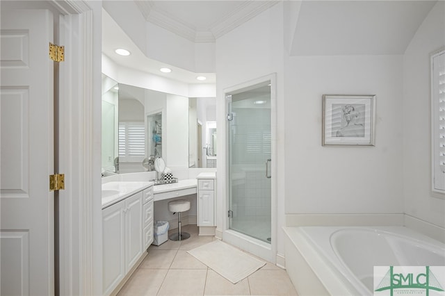 bathroom with shower with separate bathtub, vanity, tile patterned flooring, and crown molding