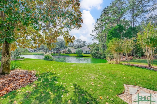 view of yard with a water view