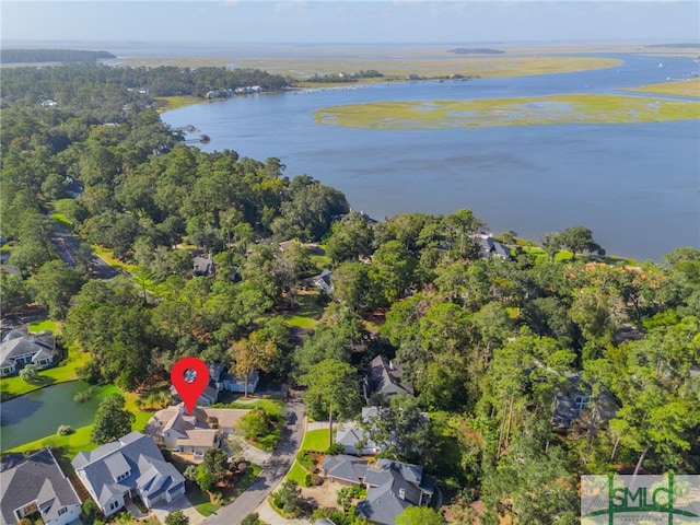 aerial view featuring a water view