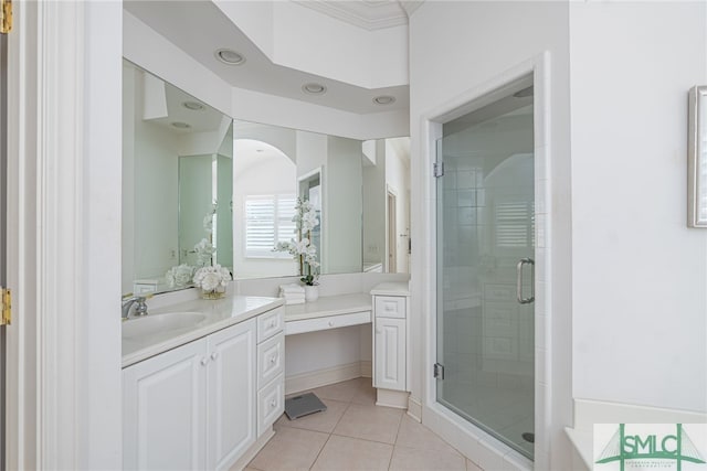 bathroom featuring tile patterned floors, a stall shower, vanity, and recessed lighting