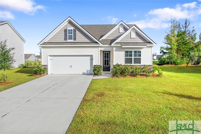 craftsman inspired home with a garage and a front yard