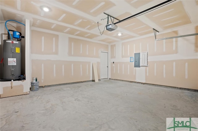 garage with water heater, a garage door opener, and electric panel