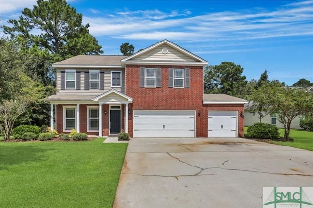 traditional-style home with driveway, brick siding, an attached garage, and a front yard