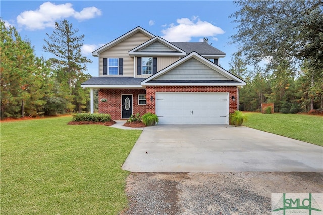 craftsman inspired home featuring a front lawn and a garage