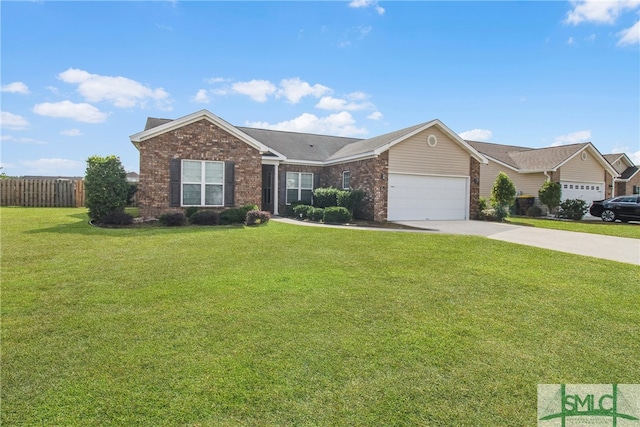 ranch-style home featuring a garage and a front yard