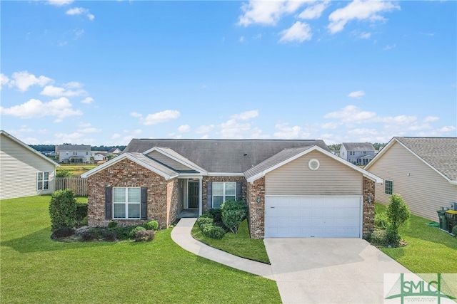 single story home with a garage and a front yard