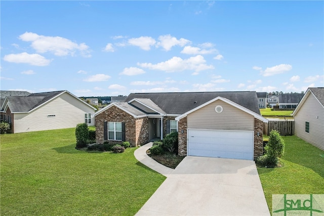 single story home featuring a garage and a front yard