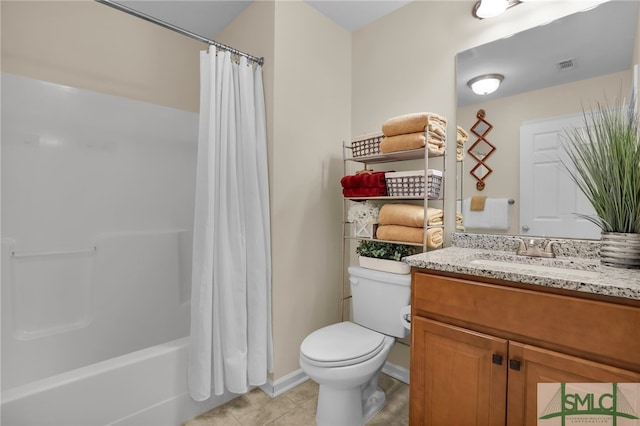 full bathroom featuring shower / bath combo, tile patterned flooring, vanity, and toilet