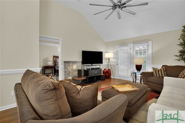 living room featuring high vaulted ceiling, wood-type flooring, and ceiling fan