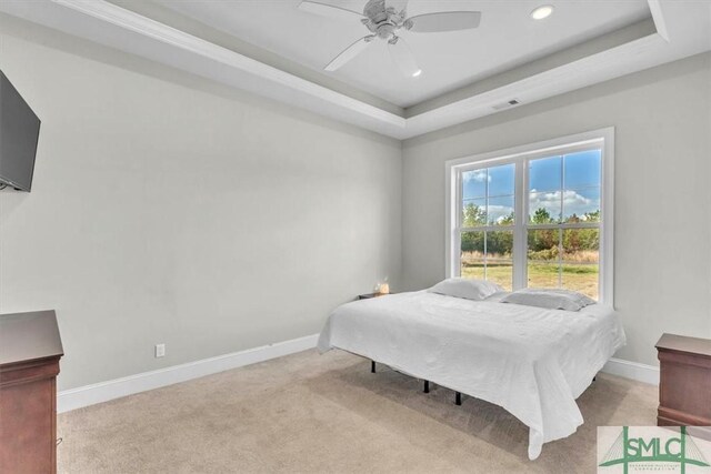 1495 Lillie Hagan Rd, Brooklet, GA 30415 - bedroom featuring carpet, a raised ceiling, recessed lighting, and a ceiling fan