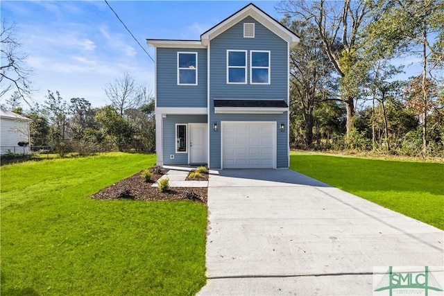 view of property with a front yard and a garage