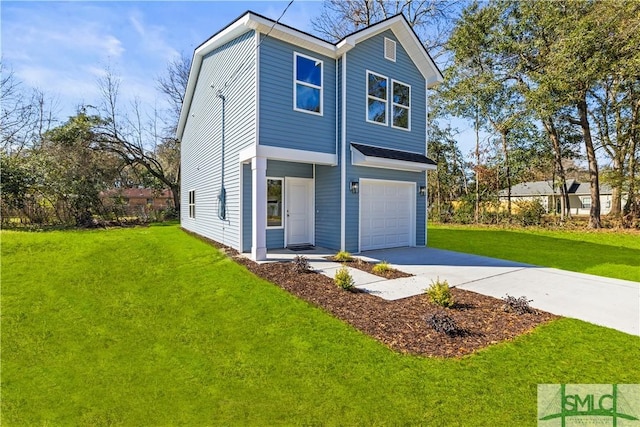 view of front facade with a front yard and a garage