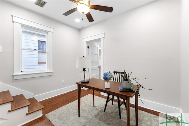 office area featuring hardwood / wood-style floors and ceiling fan